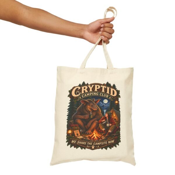 Cryptid Camping Club Canvas Tote — 'We Share The Campsite Now' Eco Grocery Bag