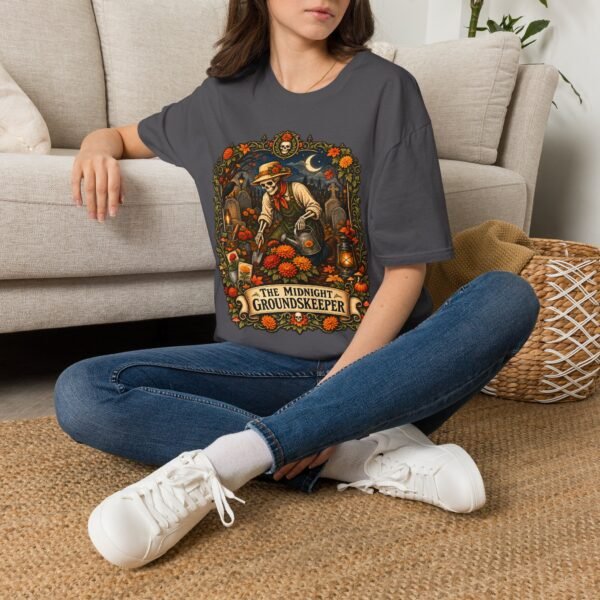 Groundskeeper Skull Halloween T-Shirt — “The Midnight Groundskeeper” Pumpkin Patch Tee