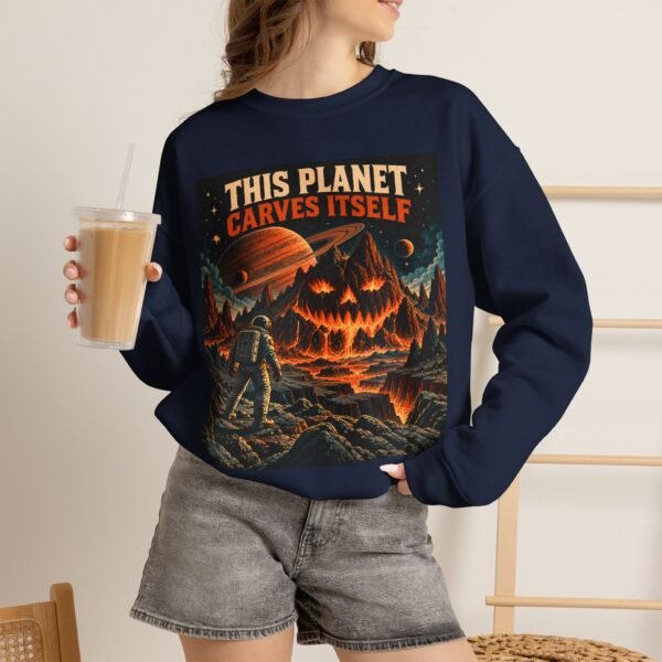 Halloween Astronaut Sweatshirt — "This Planet Carves Itself" Vintage Horror Crewneck