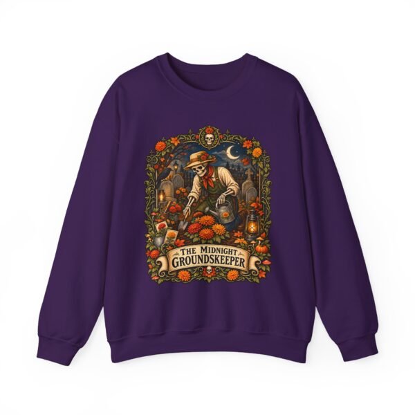Midnight Groundskeeper Skeleton Gardener Crewneck Sweatshirt — Halloween Pumpkin Patch Graphic