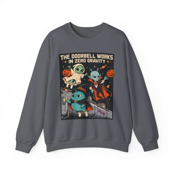 Halloween Alien Crewneck Sweatshirt — “The Doorbell Works in Zero Gravity” Cute Spooky Graphic
