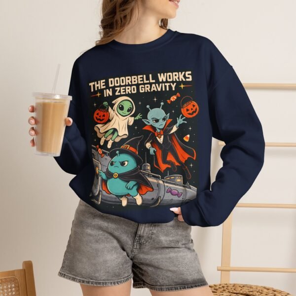 Halloween Alien Crewneck Sweatshirt — “The Doorbell Works in Zero Gravity” Cute Spooky Graphic