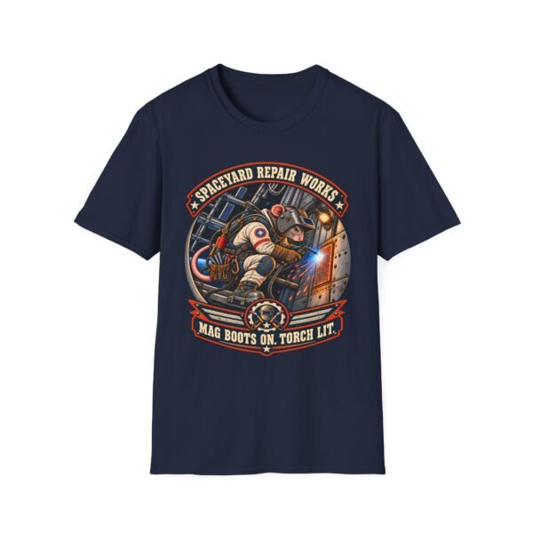 Spaceyard Repair Works T‑Shirt — Retro Astronaut Rat Graphic (Mag Boots On, Torch Lit)