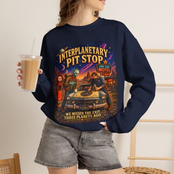 Interplanetary Pit Stop Crewneck Sweatshirt — Retro Space Roadtrip Graphic