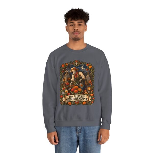 Midnight Groundskeeper Skeleton Gardener Crewneck Sweatshirt — Halloween Pumpkin Patch Graphic