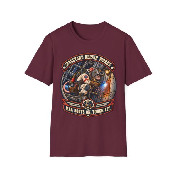 Spaceyard Repair Works T‑Shirt — Retro Astronaut Rat Graphic (Mag Boots On, Torch Lit)