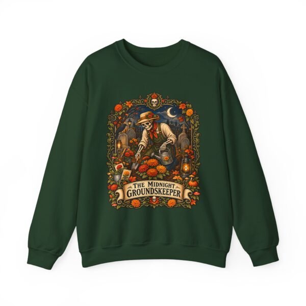Midnight Groundskeeper Skeleton Gardener Crewneck Sweatshirt — Halloween Pumpkin Patch Graphic