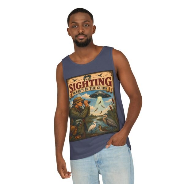 Birdwatching Tank Top — "The Sighting Wasn't in the Guide" Vintage Nature Graphic