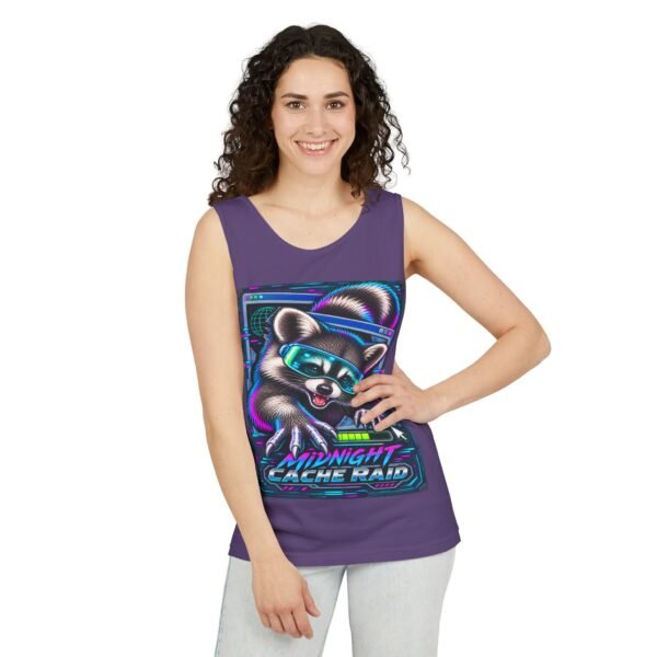 Midnight Cache Raid Tank Top — Retro Neon Raccoon Graphic Tank