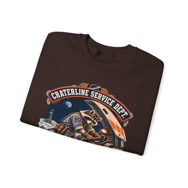 Crewneck Sweatshirt — "Craterline Service Dept. — Wrenches After Moonrise" Raccoon Astronaut Mechanic Graphic