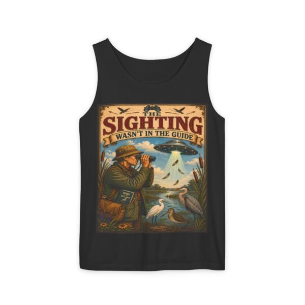 Birdwatching Tank Top — "The Sighting Wasn't in the Guide" Vintage Nature Graphic