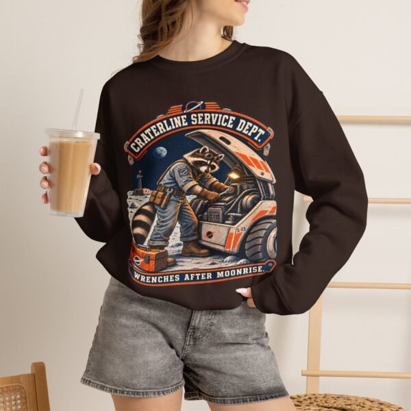Crewneck Sweatshirt — "Craterline Service Dept. — Wrenches After Moonrise" Raccoon Astronaut Mechanic Graphic