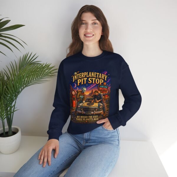 Interplanetary Pit Stop Crewneck Sweatshirt — Retro Space Roadtrip Graphic