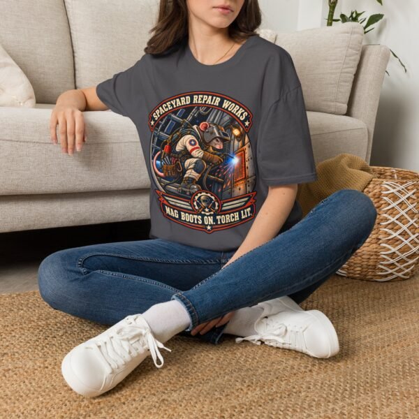 Spaceyard Repair Works T‑Shirt — Retro Astronaut Rat Graphic (Mag Boots On, Torch Lit)