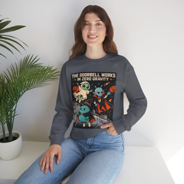 Halloween Alien Crewneck Sweatshirt — “The Doorbell Works in Zero Gravity” Cute Spooky Graphic