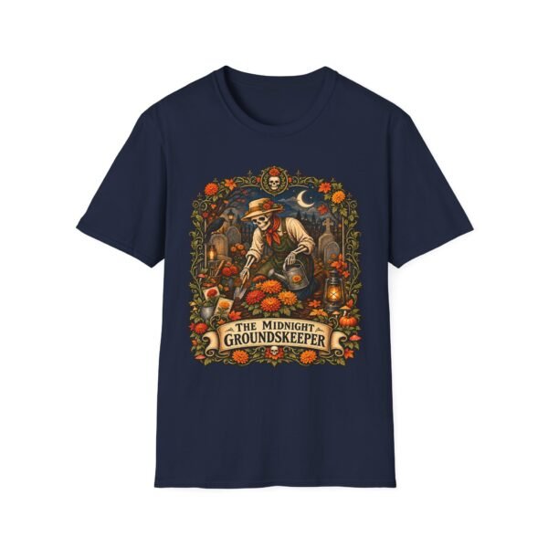 Groundskeeper Skull Halloween T-Shirt — “The Midnight Groundskeeper” Pumpkin Patch Tee