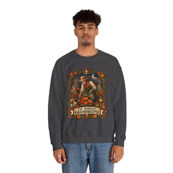 Midnight Groundskeeper Skeleton Gardener Crewneck Sweatshirt — Halloween Pumpkin Patch Graphic