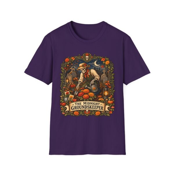 Groundskeeper Skull Halloween T-Shirt — “The Midnight Groundskeeper” Pumpkin Patch Tee