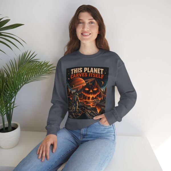 Halloween Astronaut Sweatshirt — "This Planet Carves Itself" Vintage Horror Crewneck