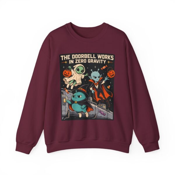 Halloween Alien Crewneck Sweatshirt — “The Doorbell Works in Zero Gravity” Cute Spooky Graphic