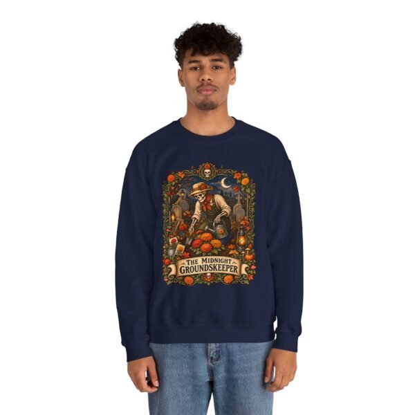 Midnight Groundskeeper Skeleton Gardener Crewneck Sweatshirt — Halloween Pumpkin Patch Graphic