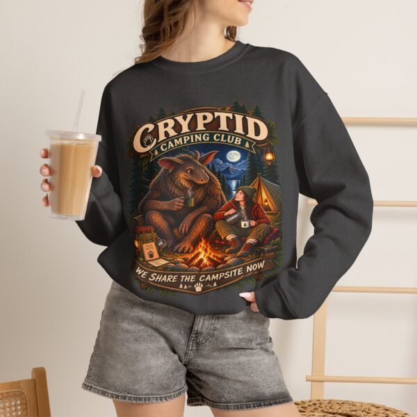 Cryptid Camping Club Sweatshirt — 'We Share the Campsite Now' Cozy Crewneck