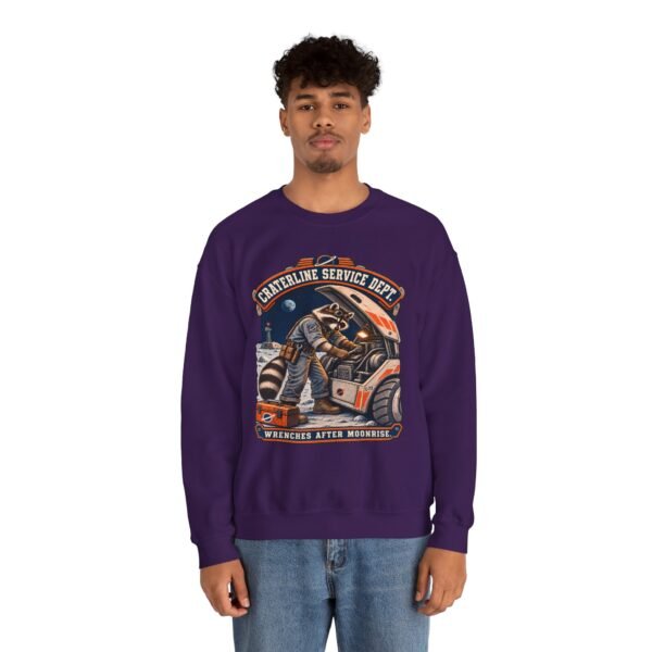 Crewneck Sweatshirt — "Craterline Service Dept. — Wrenches After Moonrise" Raccoon Astronaut Mechanic Graphic