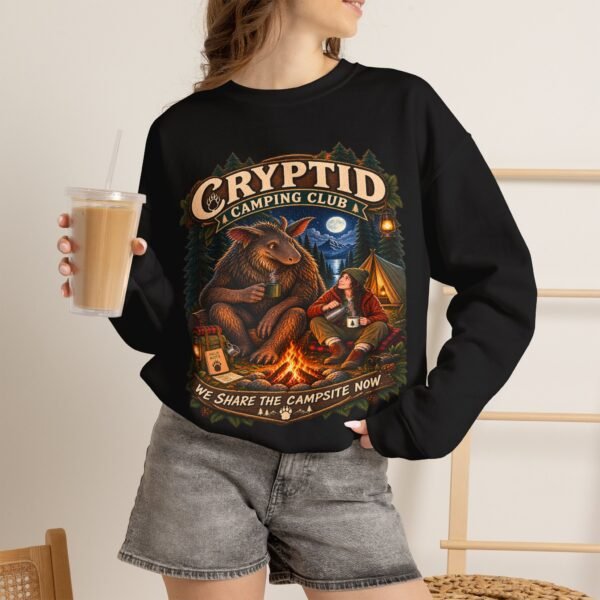 Cryptid Camping Club Sweatshirt — 'We Share the Campsite Now' Cozy Crewneck