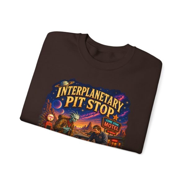 Interplanetary Pit Stop Crewneck Sweatshirt — Retro Space Roadtrip Graphic