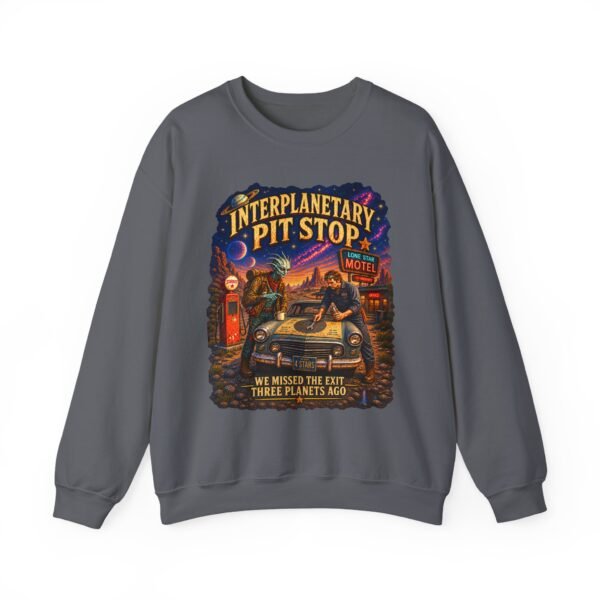 Interplanetary Pit Stop Crewneck Sweatshirt — Retro Space Roadtrip Graphic