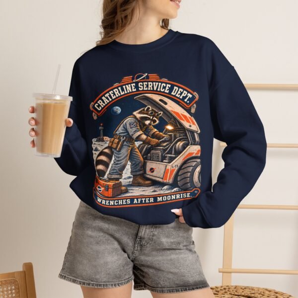 Crewneck Sweatshirt — "Craterline Service Dept. — Wrenches After Moonrise" Raccoon Astronaut Mechanic Graphic