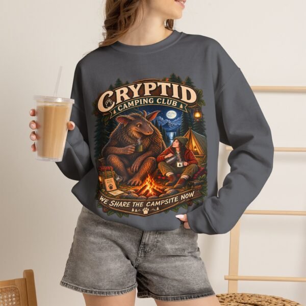 Cryptid Camping Club Sweatshirt — 'We Share the Campsite Now' Cozy Crewneck