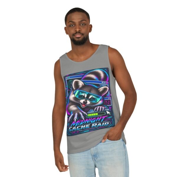 Midnight Cache Raid Tank Top — Retro Neon Raccoon Graphic Tank