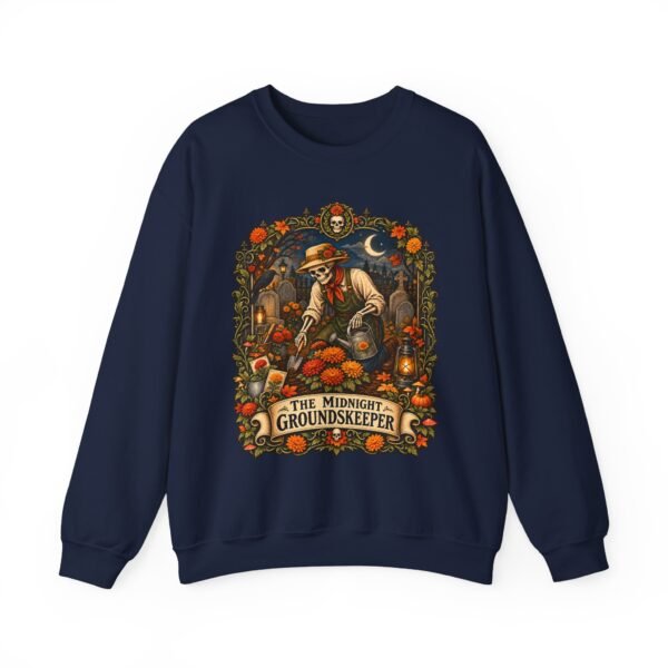 Midnight Groundskeeper Skeleton Gardener Crewneck Sweatshirt — Halloween Pumpkin Patch Graphic