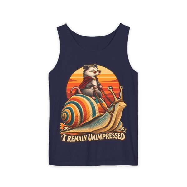 I Remain Unimpressed Tank Top — Raccoon Riding Colorful Snail Retro Graphic