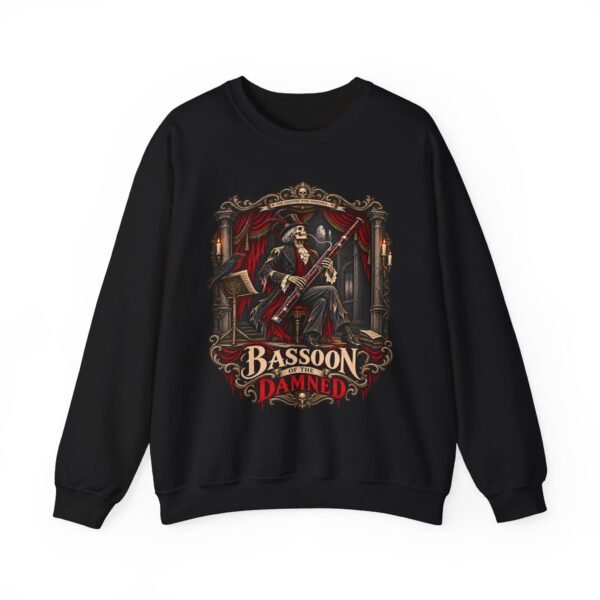 Gothic 'Bassoon of the Damned' Crewneck Sweatshirt — Skeleton Bassoonist Graphic