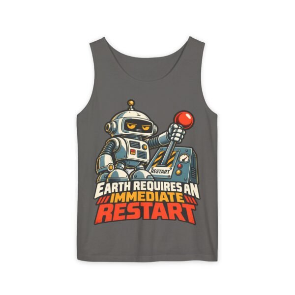 Robot Graphic Tank Top — "Earth Requires an Immediate Restart" Retro Sci‑Fi Tee