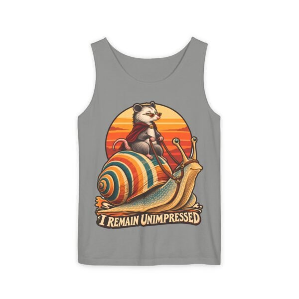 I Remain Unimpressed Tank Top — Raccoon Riding Colorful Snail Retro Graphic