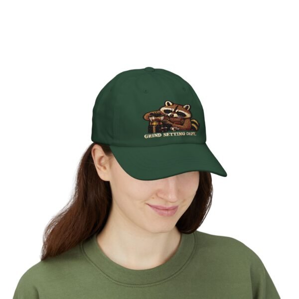 Grind Setting Dept. Raccoon Espresso Dad Cap — Relaxed Embroidered Baseball Hat