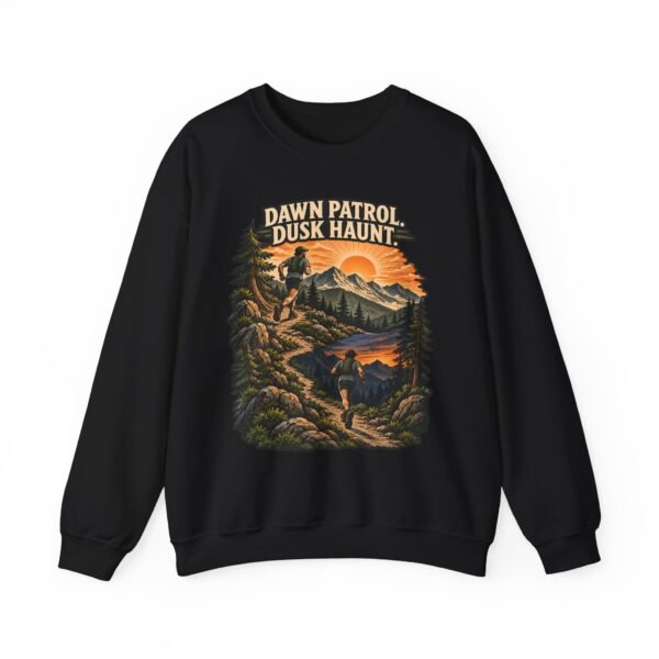Outdoor Crewneck Sweatshirt — “Dawn Patrol Dusk Haunt” Vintage Mountain Graphic