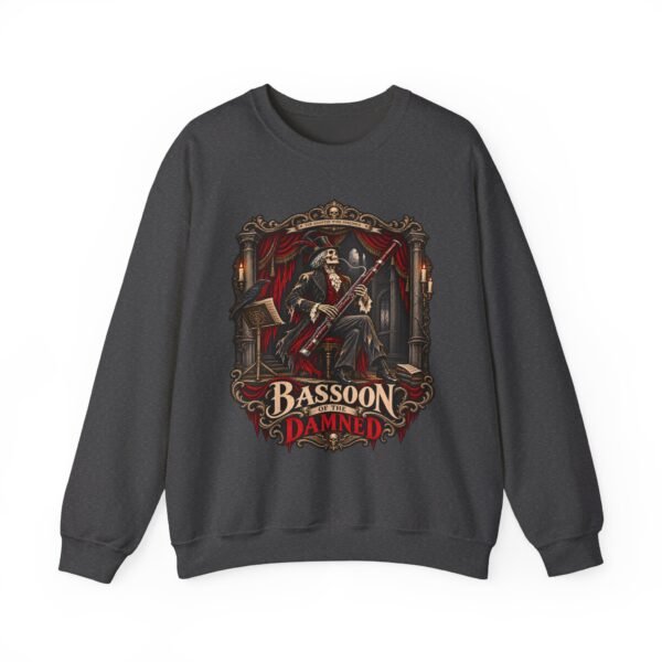 Gothic 'Bassoon of the Damned' Crewneck Sweatshirt — Skeleton Bassoonist Graphic