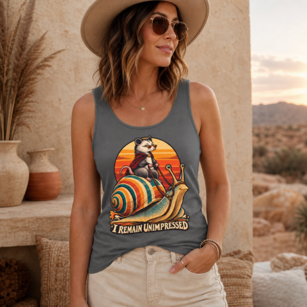 I Remain Unimpressed Tank Top — Raccoon Riding Colorful Snail Retro Graphic