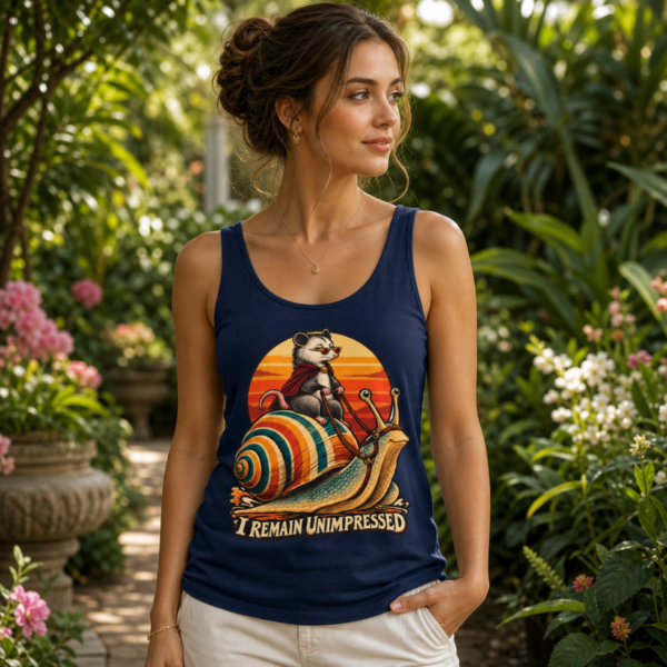 I Remain Unimpressed Tank Top — Raccoon Riding Colorful Snail Retro Graphic