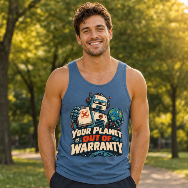 Tank Top — 'Your Planet Is Out Of Warranty' Retro Robot Graphic
