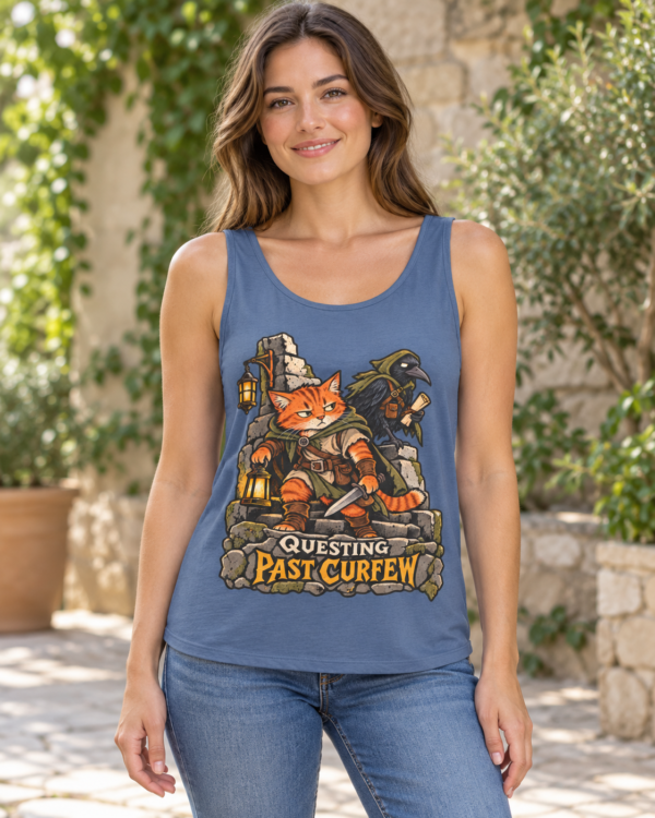 Questing Past Curfew Tank Top — Retro RPG Cat & Crow Fantasy