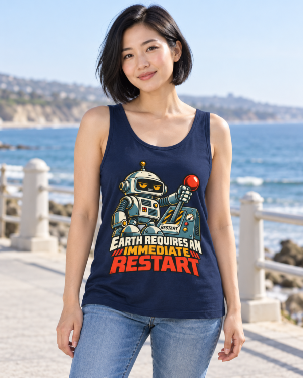 Robot Graphic Tank Top — "Earth Requires an Immediate Restart" Retro Sci‑Fi Tee