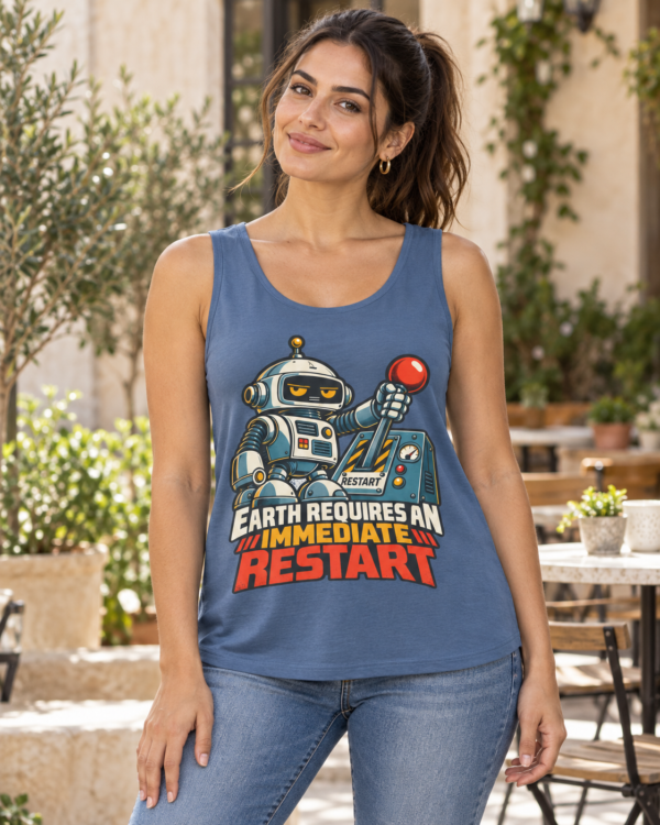 Robot Graphic Tank Top — "Earth Requires an Immediate Restart" Retro Sci‑Fi Tee