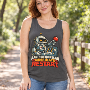 Robot Graphic Tank Top — "Earth Requires an Immediate Restart" Retro Sci‑Fi Tee