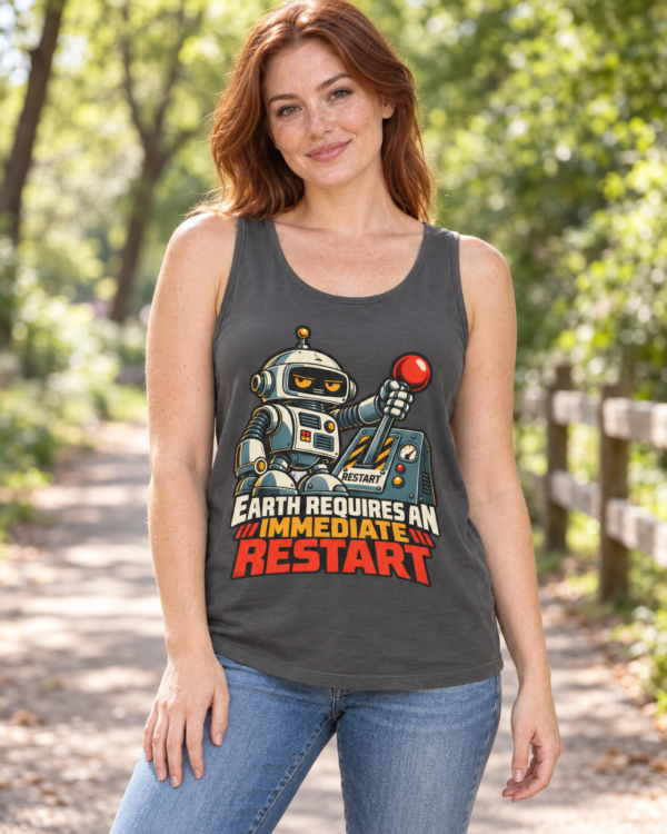 Robot Graphic Tank Top — "Earth Requires an Immediate Restart" Retro Sci‑Fi Tee