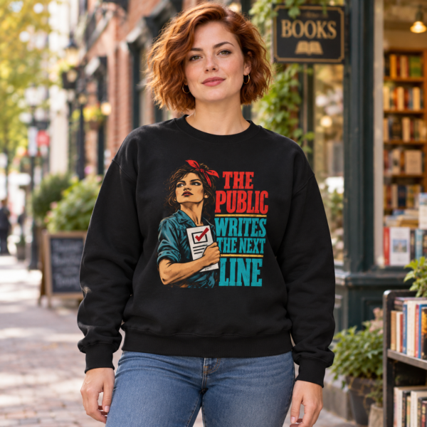 Crewneck Sweatshirt — The Public Writes the Next Line (Vintage Rosie Voter Graphic)